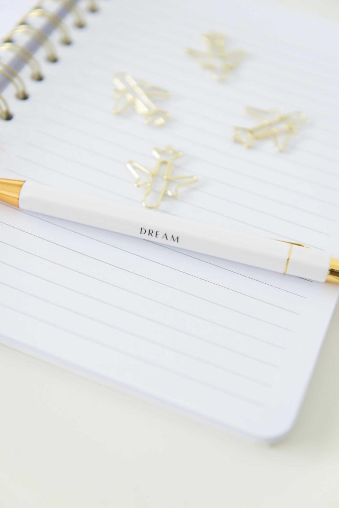 A notebook with a pen and paper clips shaped like airplanes.