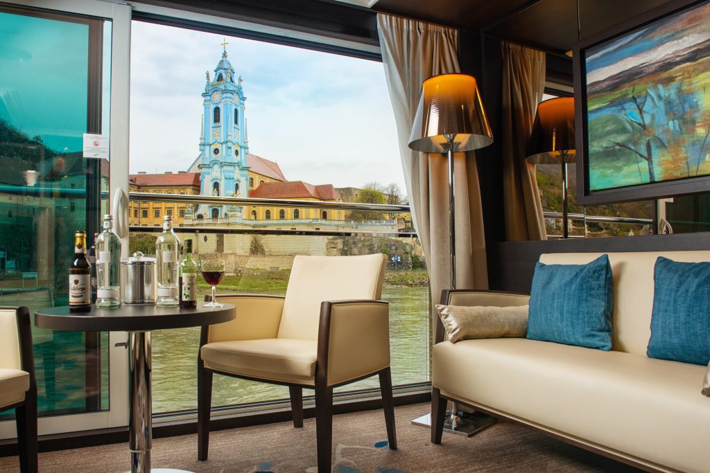 A fabulous room overlook a church on a Europe River Cruise
