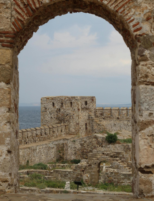 view of ruins and sea in Bodrum